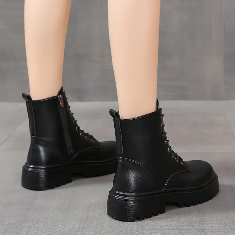 Women's platform lace-up boots in khaki with chunky heel, round toe, and mid-calf shaft