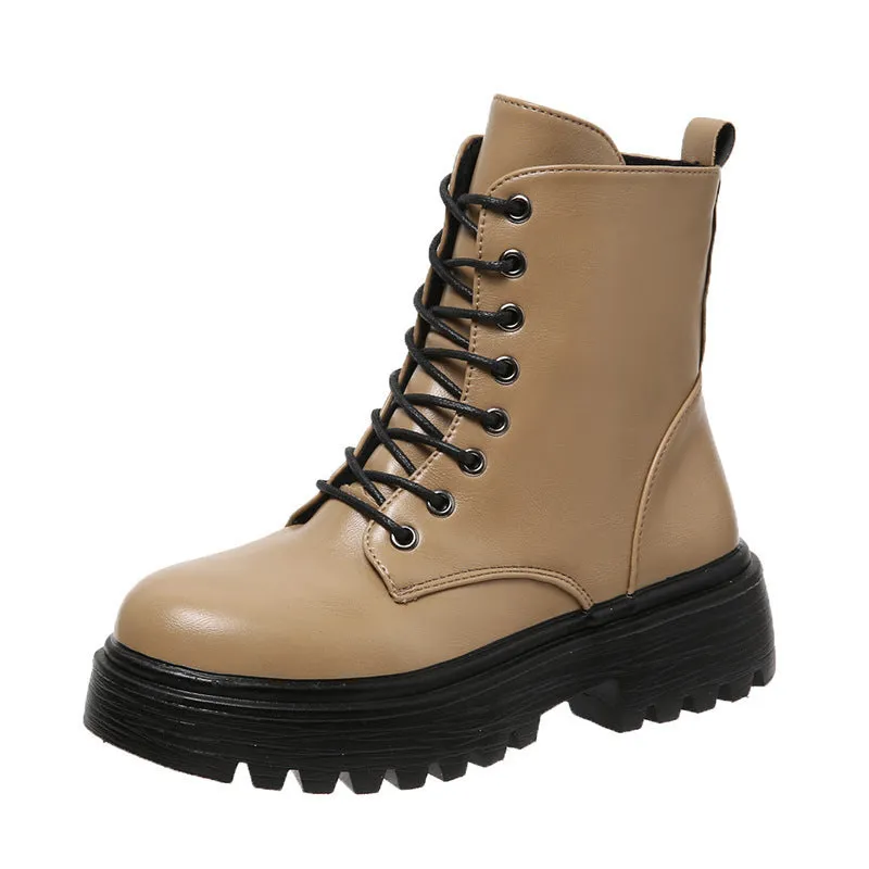Women's platform lace-up boots in khaki with chunky heel, round toe, and mid-calf shaft