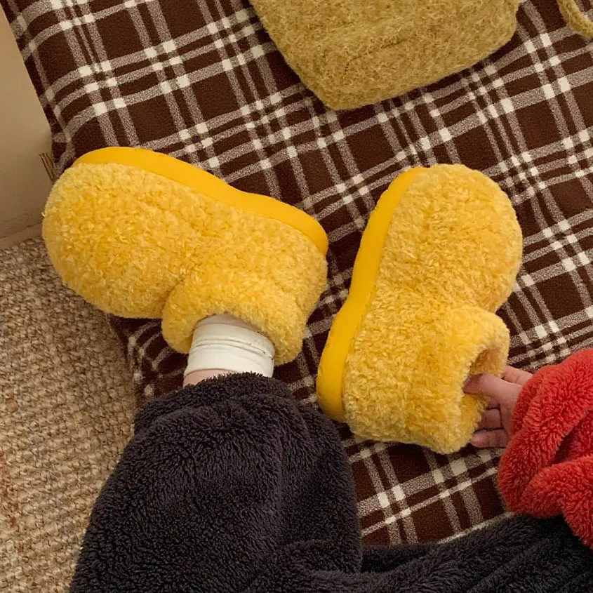 Women's furry boots in solid colour, suede upper, rubber sole, deep mouth design, red or yellow, sizes 36-41