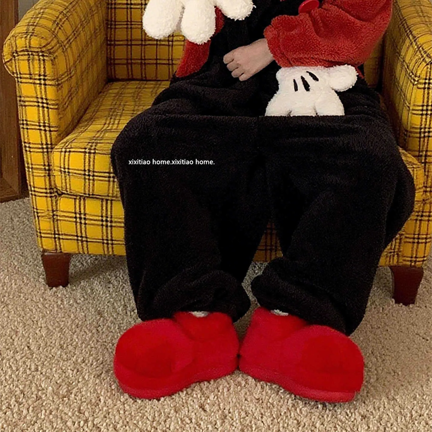 Women's furry boots in solid colour, suede upper, rubber sole, deep mouth design, red or yellow, sizes 36-41