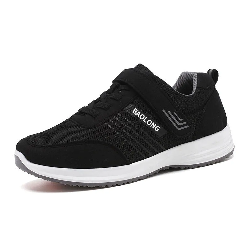 Breathable mesh walking shoes for elderly with non-slip soft sole in black, unisex lace-up design