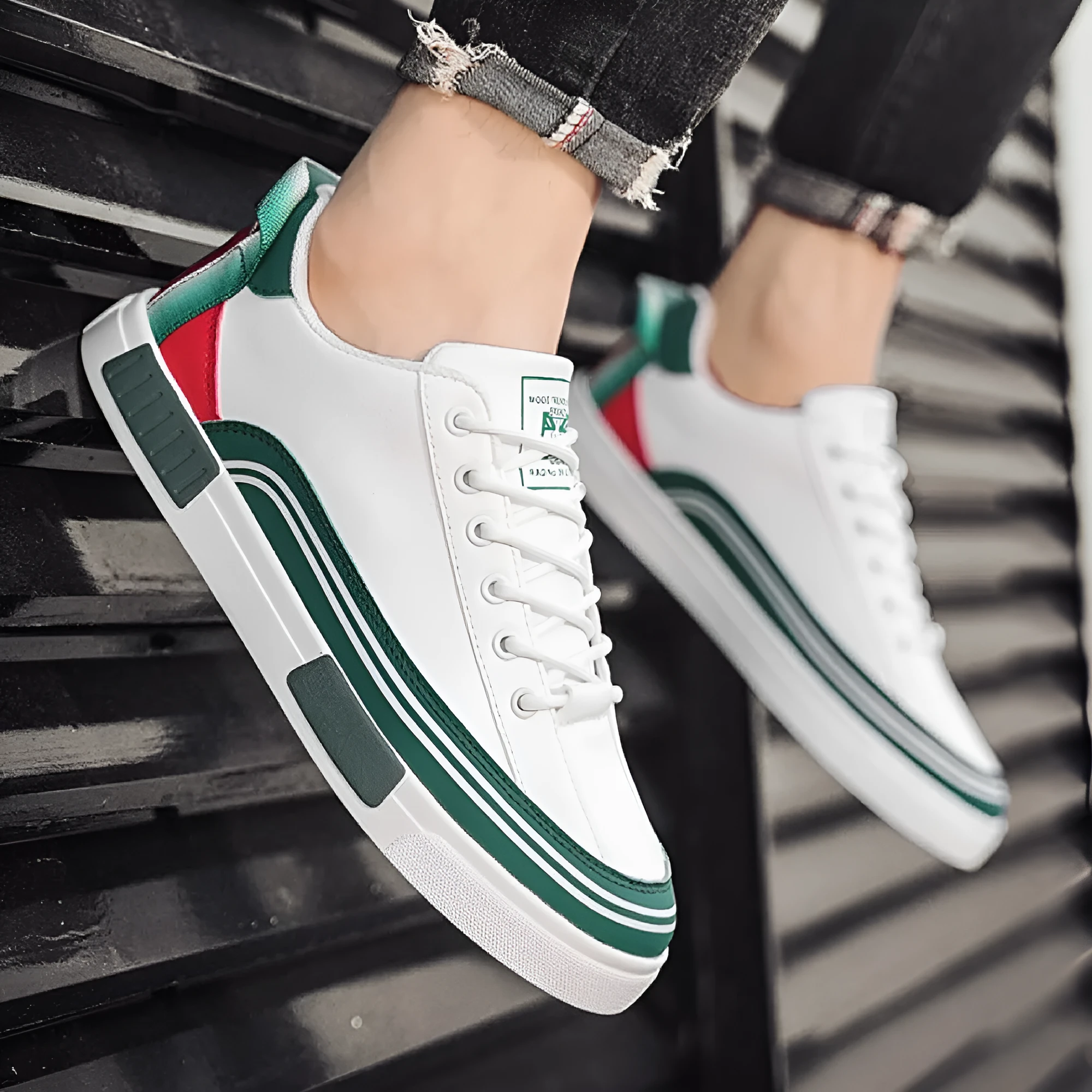 Men's beige and white-green canvas casual shoes with mesh section detail and flat round toe