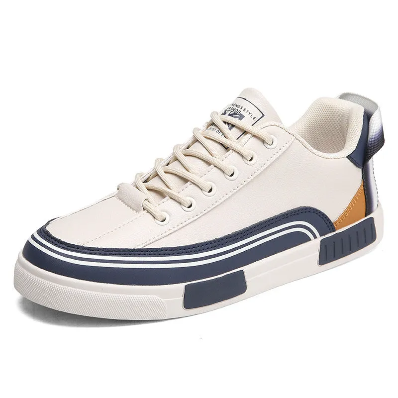 Men's beige and white-green canvas casual shoes with mesh section detail and flat round toe