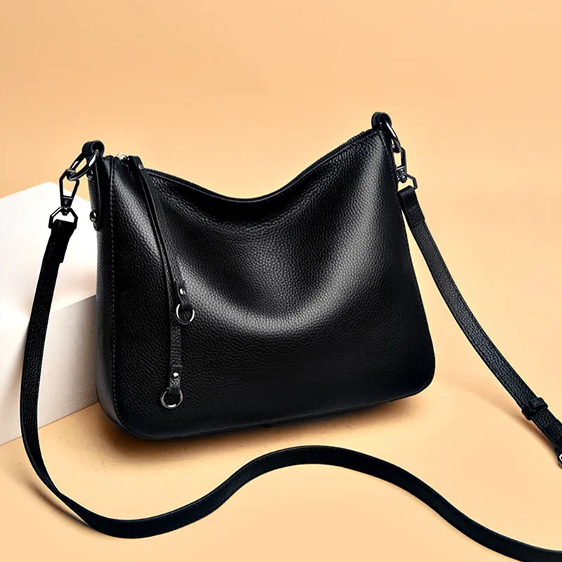 Large capacity genuine cowhide leather tote bag for women, horizontal square shape, double shoulder straps, black colour option