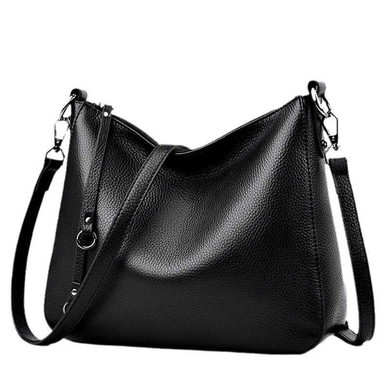 Large capacity genuine cowhide leather tote bag for women, horizontal square shape, double shoulder straps, black colour option