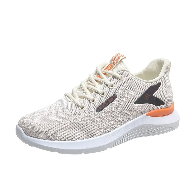 Low-top women's casual running shoes in beige with mesh upper, round toe, and front lace-up closure