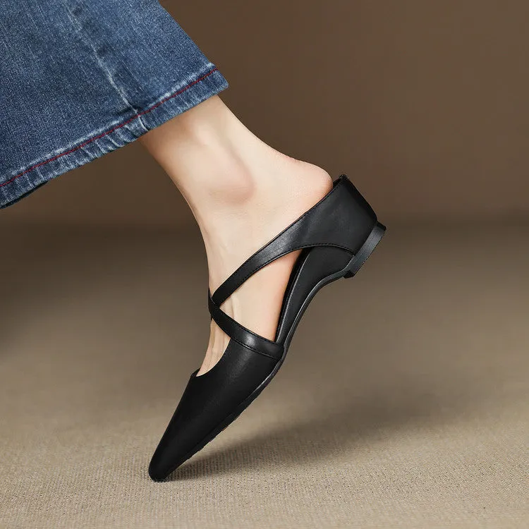 Vintage washed cowhide pointed-toe mules shoes in apricot genuine leather women's flat shoes