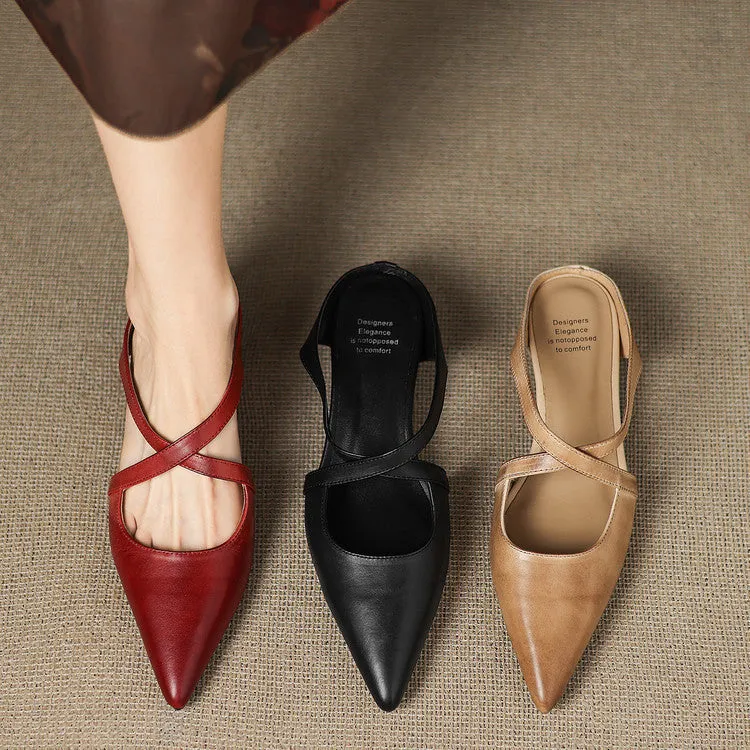 Vintage washed cowhide pointed-toe mules shoes in apricot genuine leather women's flat shoes