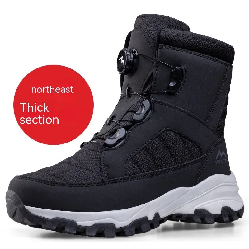 Solid colour fleece-lined button snow boots with Oxford cloth upper and non-slip rubber outsole, black men's boot side view