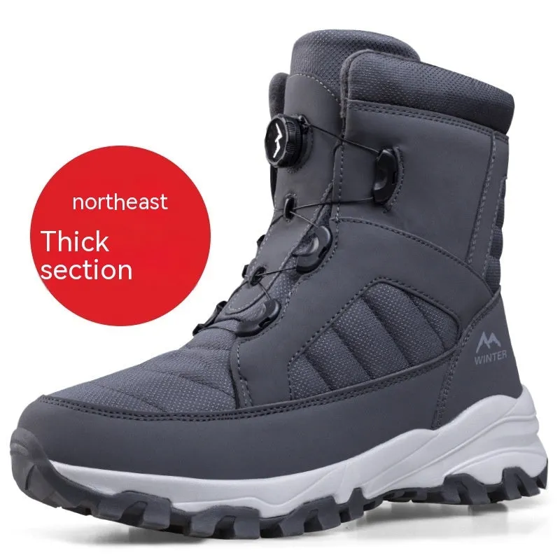 Solid colour fleece-lined button snow boots with Oxford cloth upper and non-slip rubber outsole, black men's boot side view