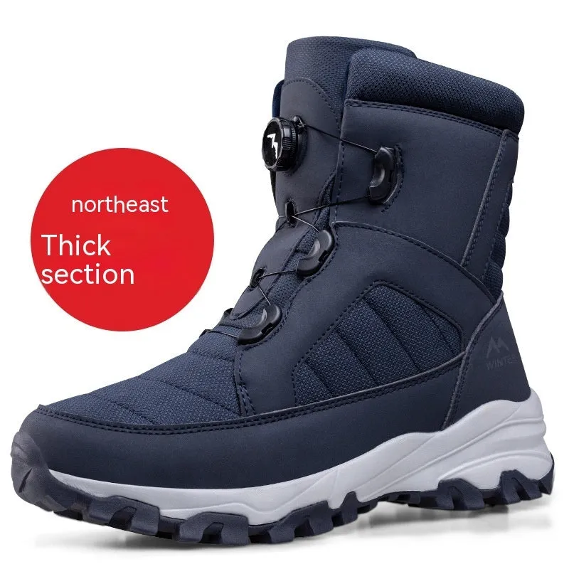 Solid colour fleece-lined button snow boots with Oxford cloth upper and non-slip rubber outsole, black men's boot side view