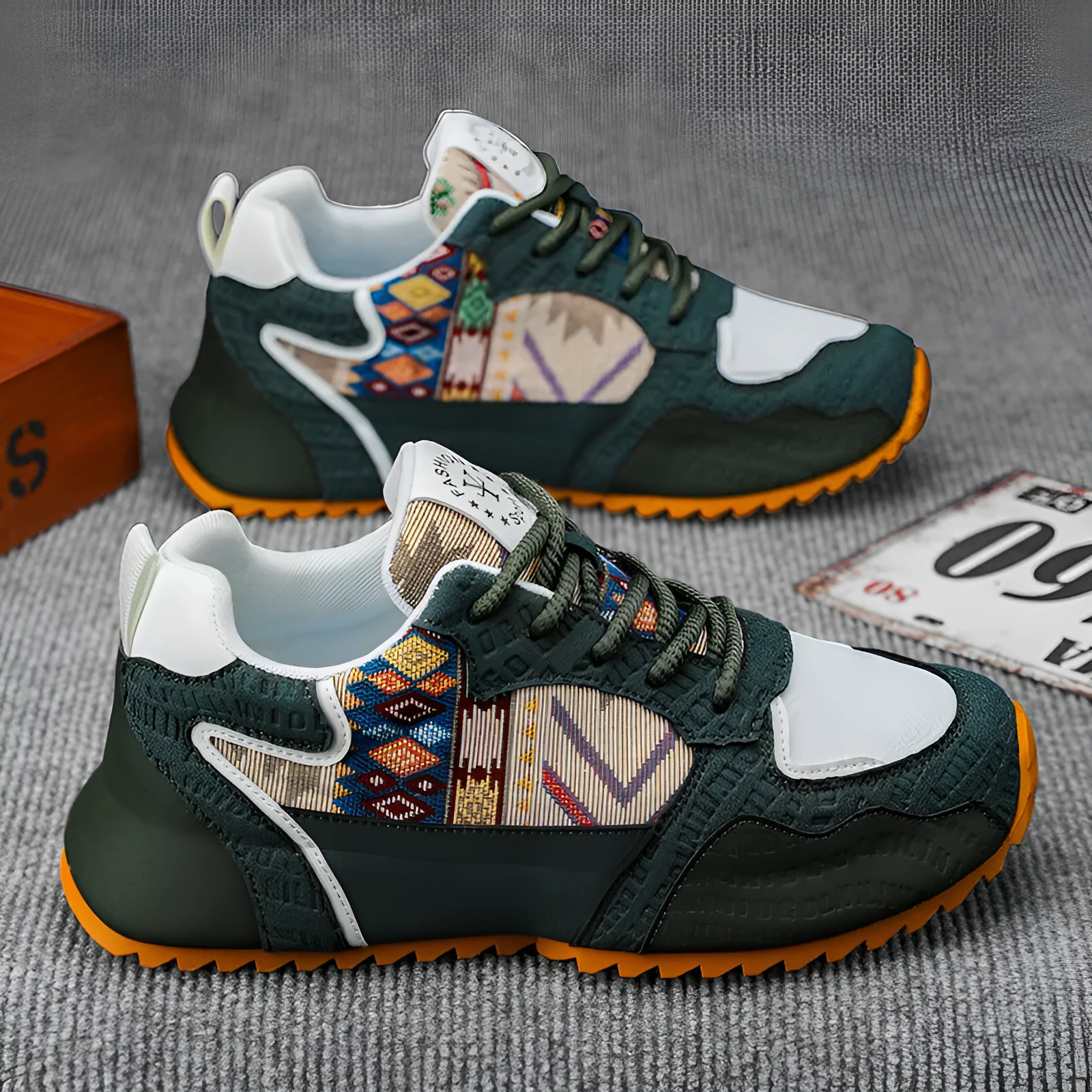 Men's casual lightweight sneaker in Upgrade Green with round toe and stripe pattern on artificial PU upper, side view