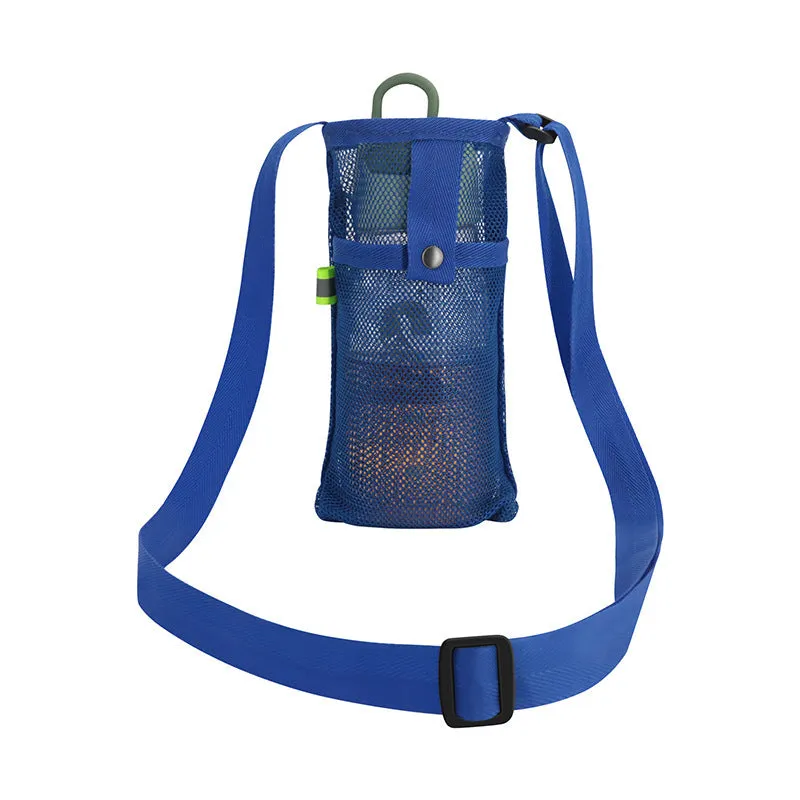 Nylon water bottle holder in black with adjustable shoulder strap on a beach setting