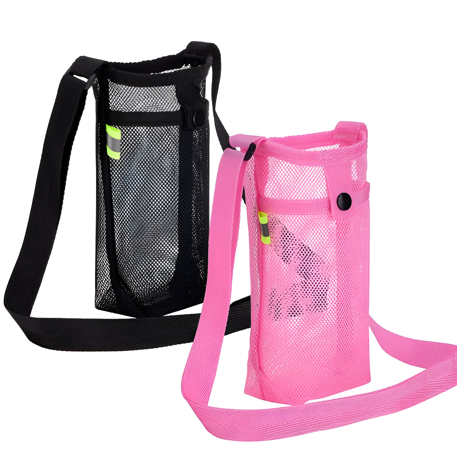 Nylon water bottle holder in black with adjustable shoulder strap on a beach setting