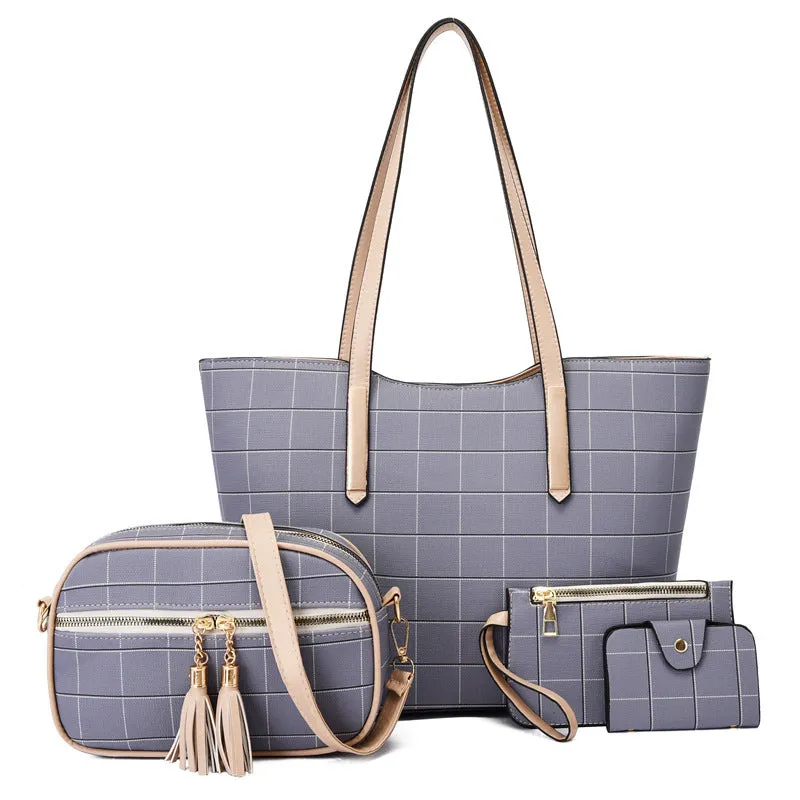 Korean fashion four-piece bag set in black with cartoon anime pattern and sewing thread detail on cross square PU tote bag
