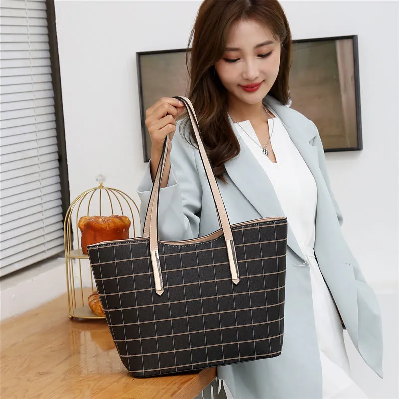 Korean fashion four-piece bag set in black with cartoon anime pattern and sewing thread detail on cross square PU tote bag