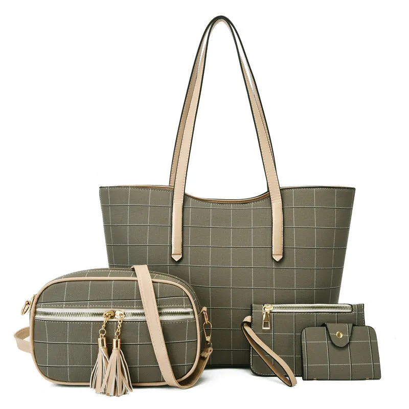 Korean fashion four-piece bag set in black with cartoon anime pattern and sewing thread detail on cross square PU tote bag
