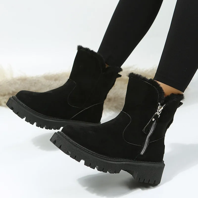 Women's cotton-lined snow boots with side zipper and non-slip sole in black, khaki, and light brown