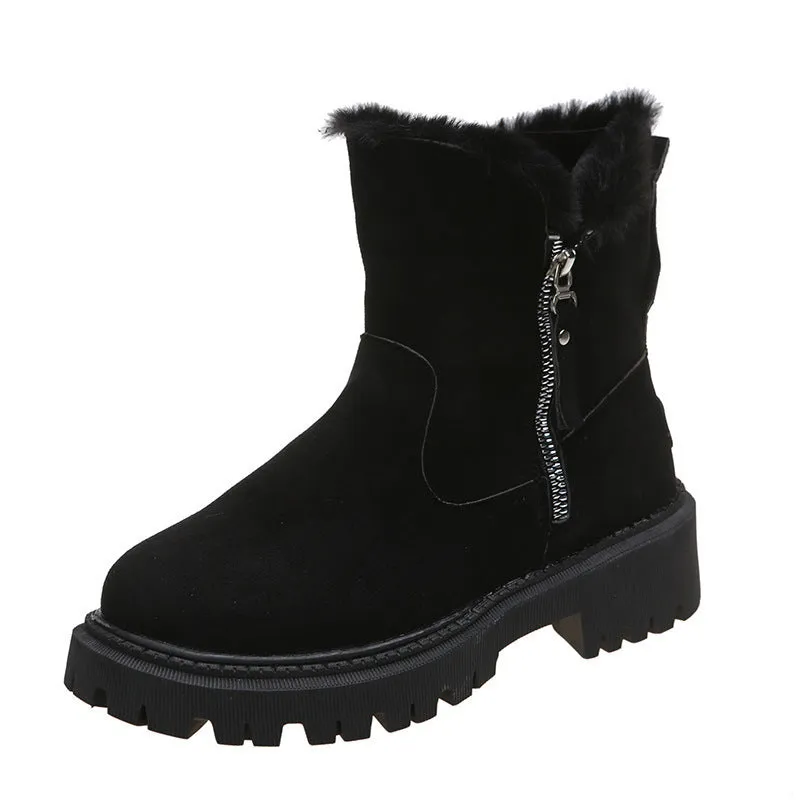 Women's cotton-lined snow boots with side zipper and non-slip sole in black, khaki, and light brown