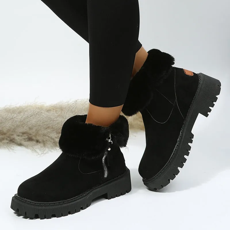 Women's cotton-lined snow boots with side zipper and non-slip sole in black, khaki, and light brown
