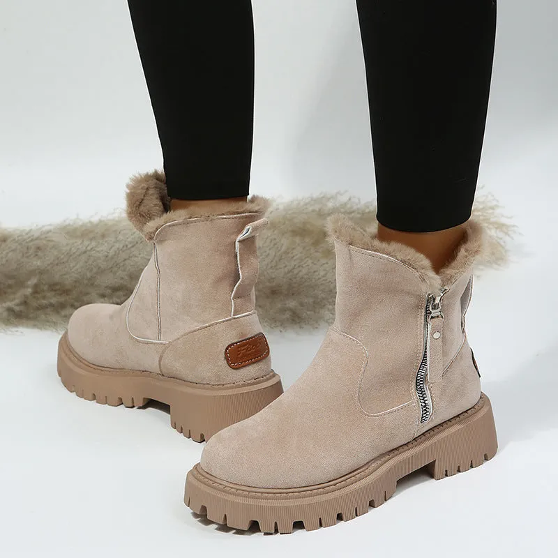 Women's cotton-lined snow boots with side zipper and non-slip sole in black, khaki, and light brown