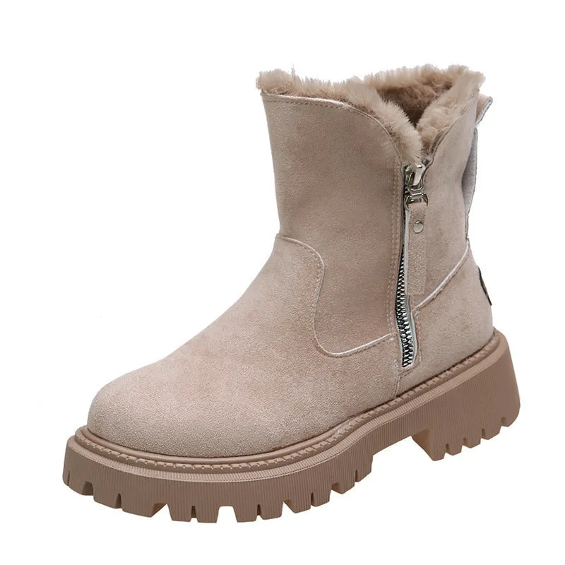 Women's cotton-lined snow boots with side zipper and non-slip sole in black, khaki, and light brown