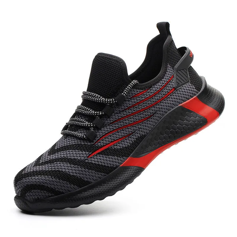 Lightweight non-slip protective work shoes for men blue flying woven upper low cut PU outsole industrial safety