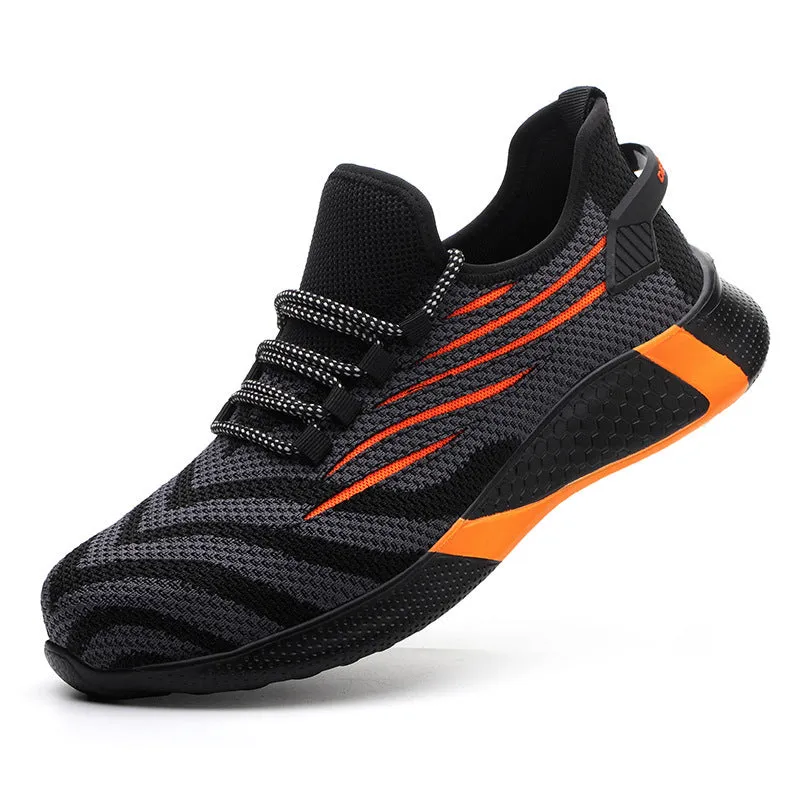 Lightweight non-slip protective work shoes for men blue flying woven upper low cut PU outsole industrial safety