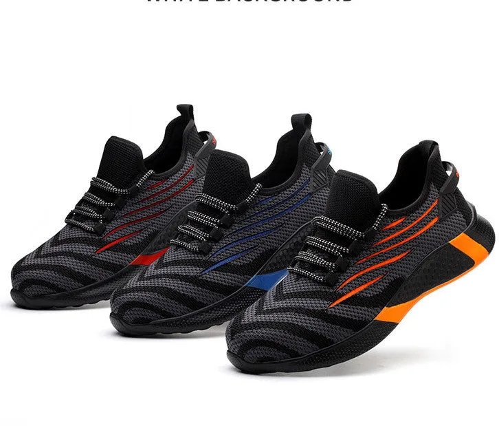 Lightweight non-slip protective work shoes for men blue flying woven upper low cut PU outsole industrial safety