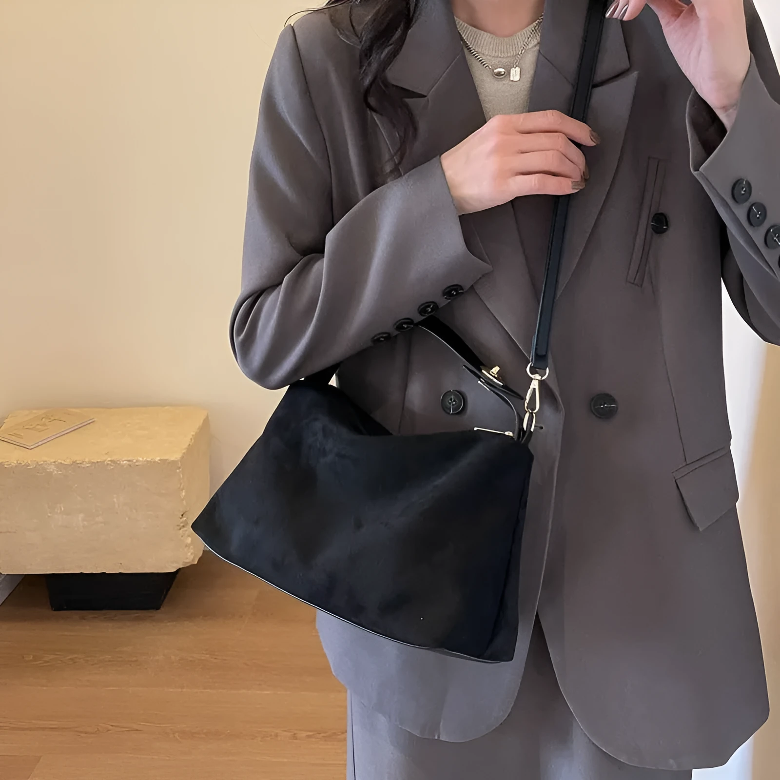 Retro frosted suede underarm handbag with stitching and lock detail in black