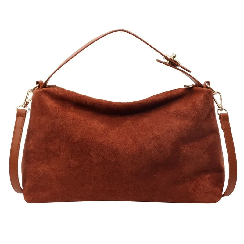 Retro frosted suede underarm handbag with stitching and lock detail in black