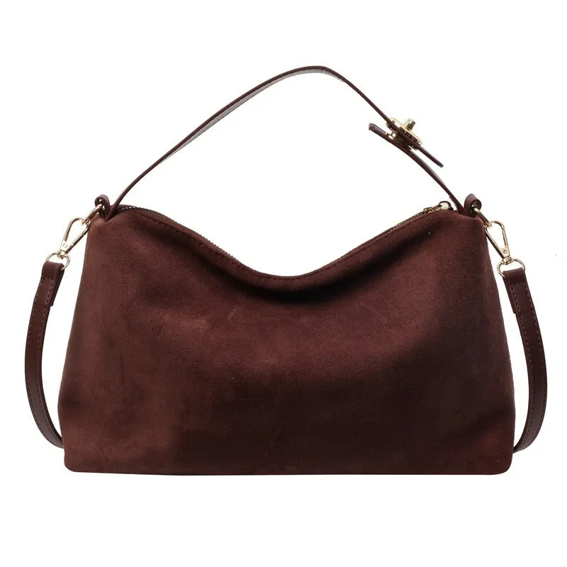 Retro frosted suede underarm handbag with stitching and lock detail in black