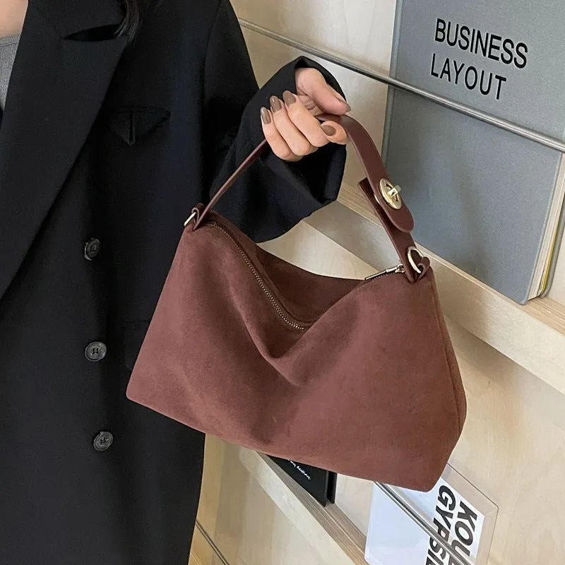 Retro frosted suede underarm handbag with stitching and lock detail in black
