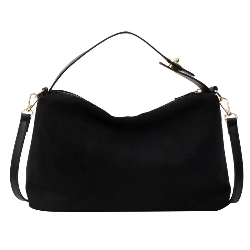 Retro frosted suede underarm handbag with stitching and lock detail in black