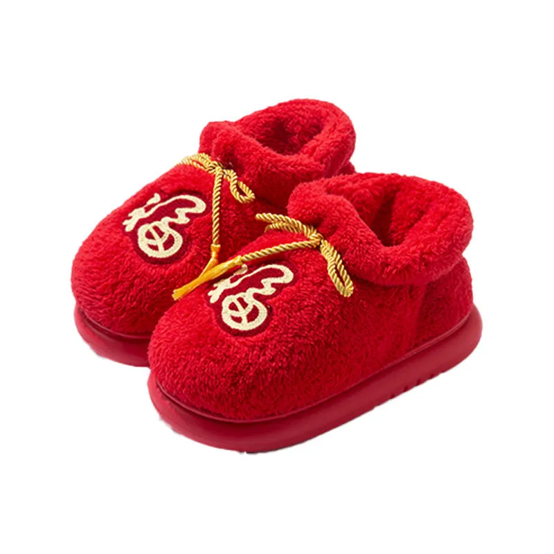 Red indoor slippers with ethnic pattern, suede upper and EVA sole, high-top design