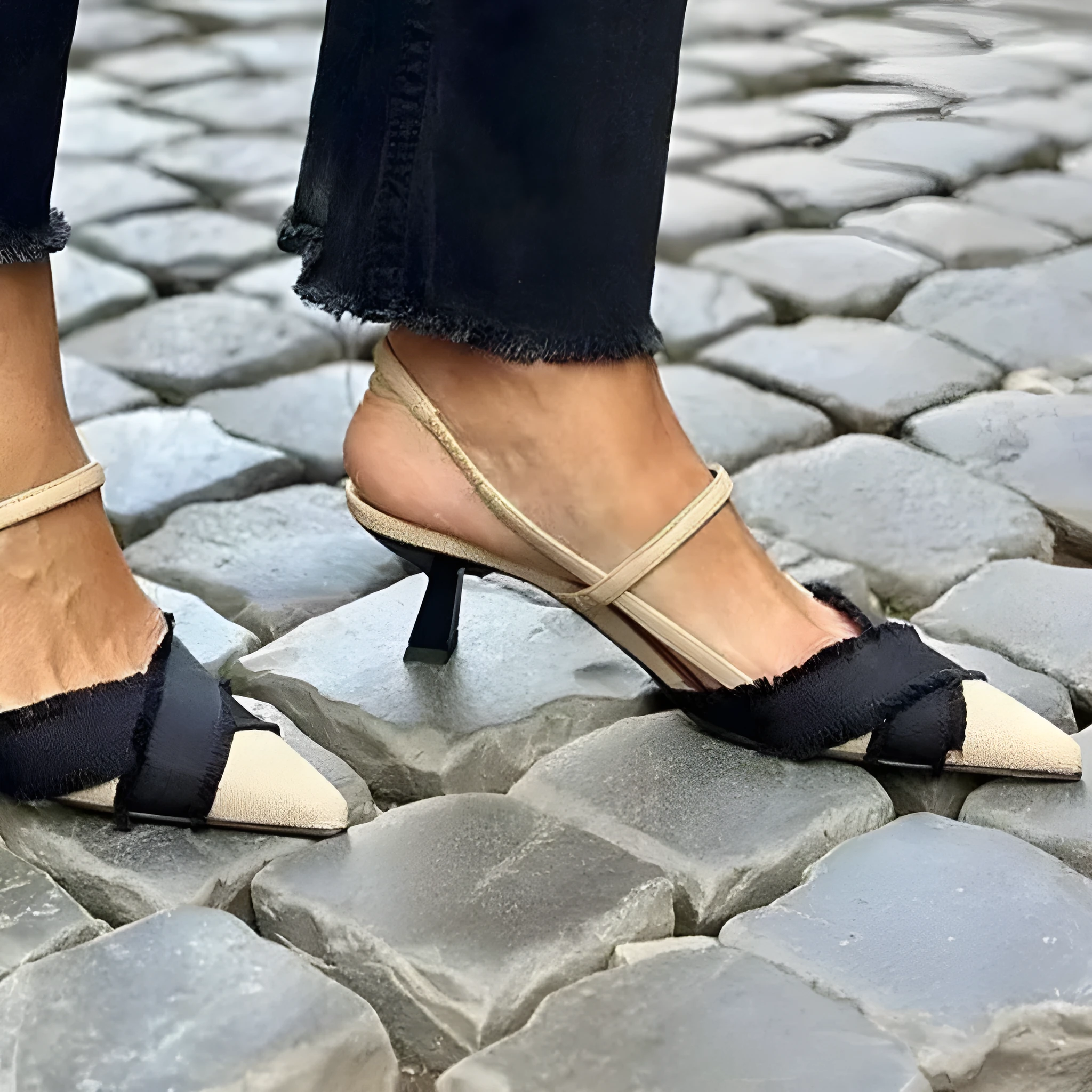 Women's stiletto heel colour block pointed sandals in apricot and black with buckle fastening and high heel 6-8cm