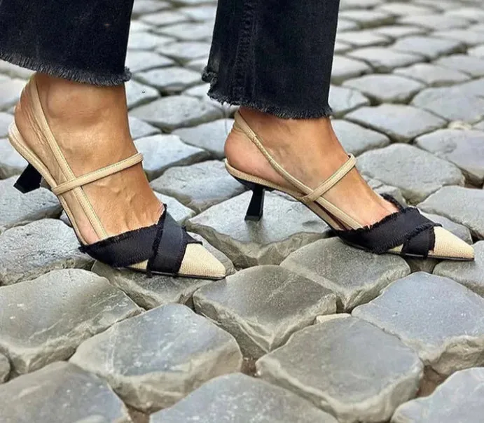Women's stiletto heel colour block pointed sandals in apricot and black with buckle fastening and high heel 6-8cm