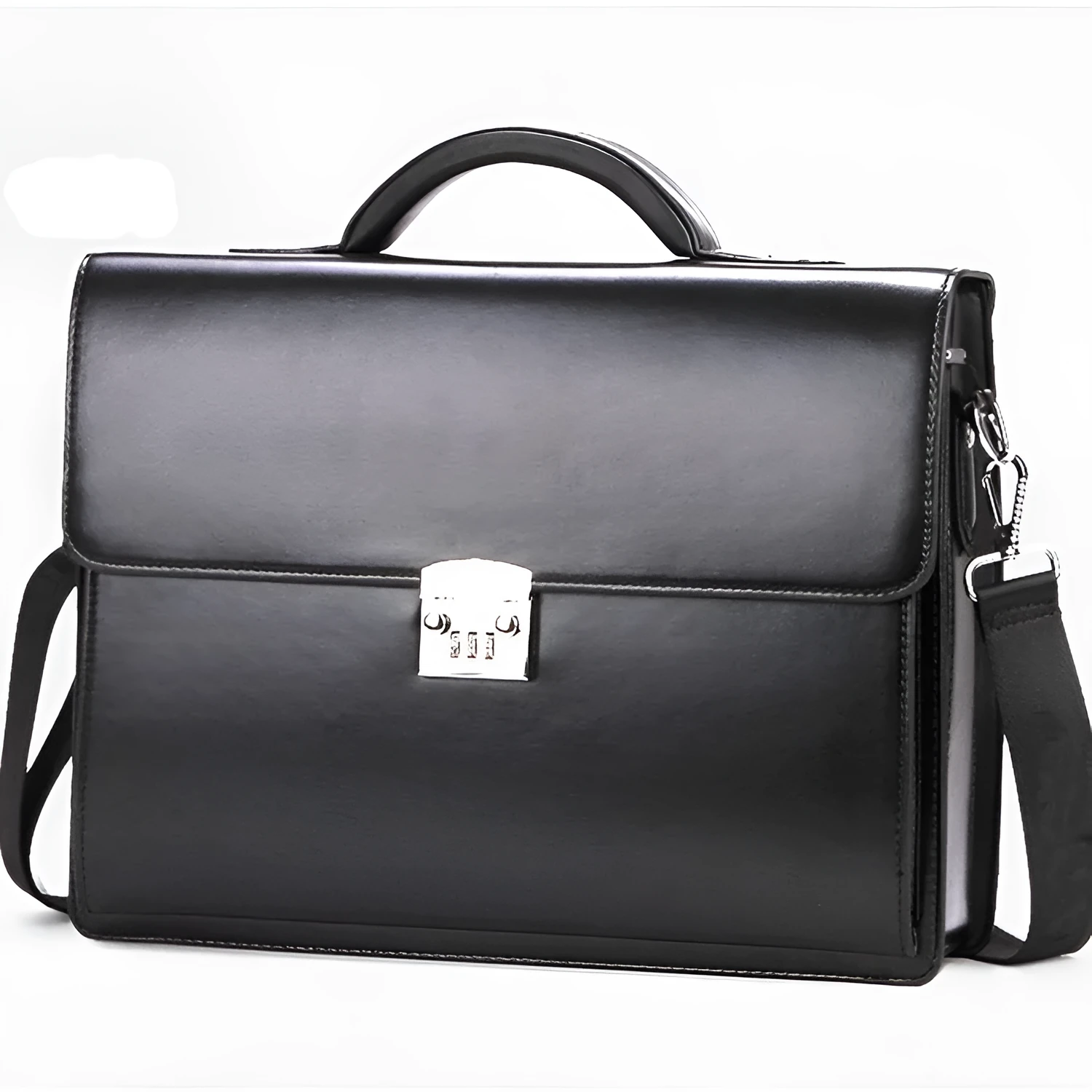 Black PU leather men's business briefcase with a zipper and detachable handle on a white background.