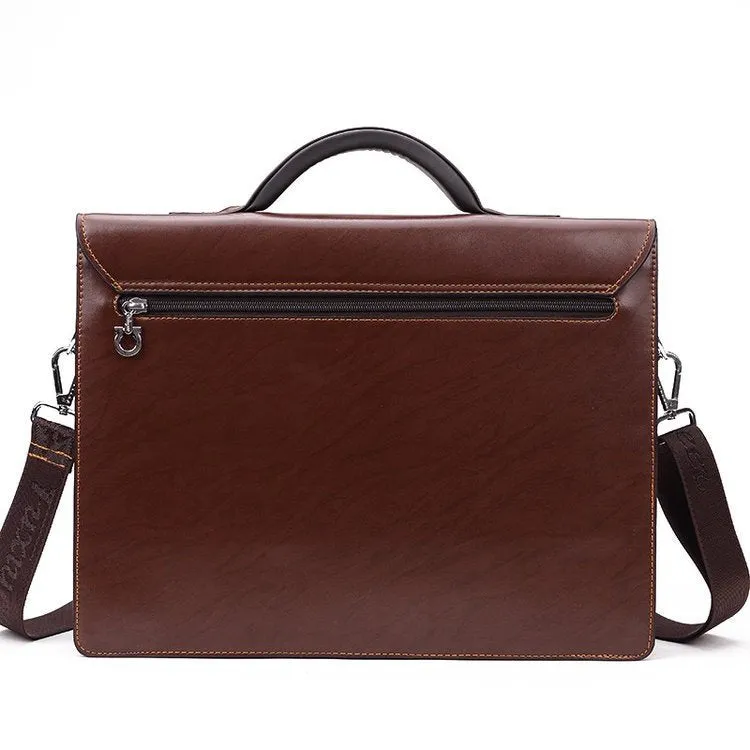 Black PU leather men's business briefcase with a zipper and detachable handle on a white background.