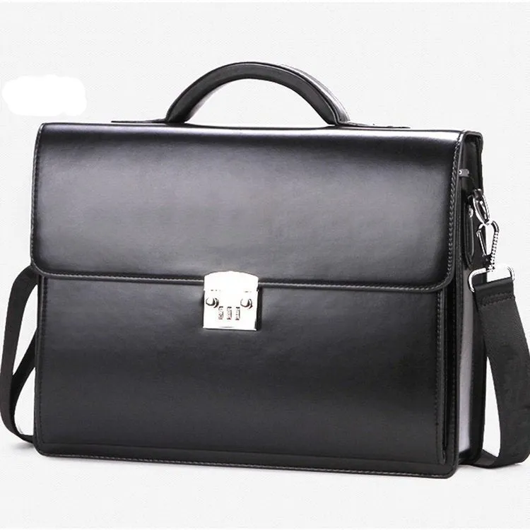 Black PU leather men's business briefcase with a zipper and detachable handle on a white background.