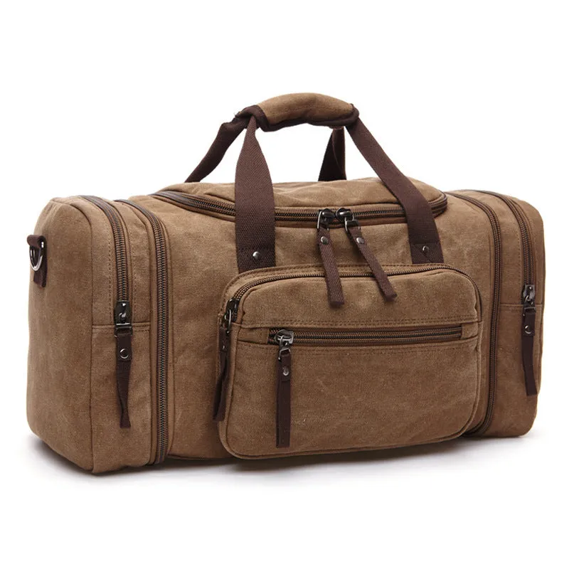 Canvas messenger backpack in khaki with expandable width from 53cm to 58cm and internal zip pockets