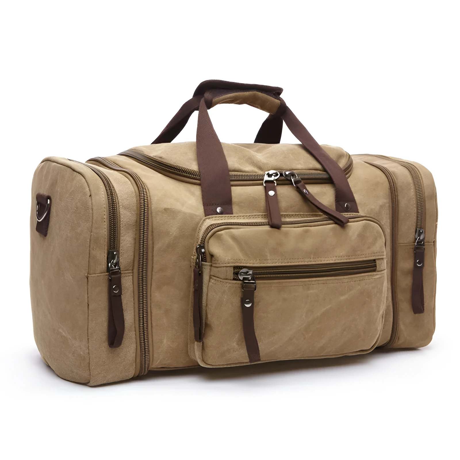 Canvas messenger backpack in khaki with expandable width from 53cm to 58cm and internal zip pockets