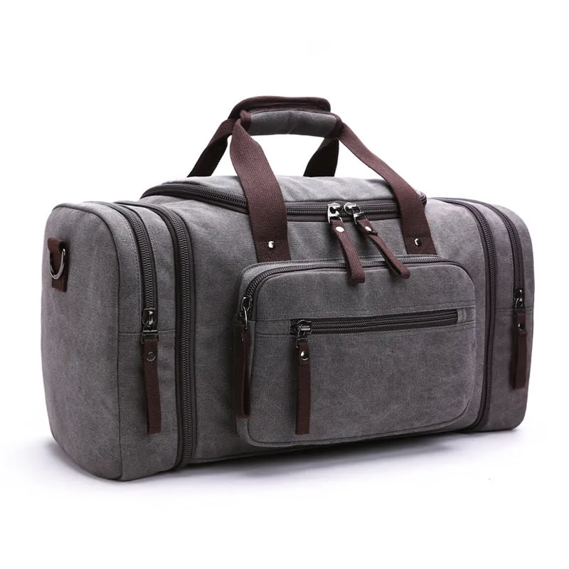Canvas messenger backpack in khaki with expandable width from 53cm to 58cm and internal zip pockets