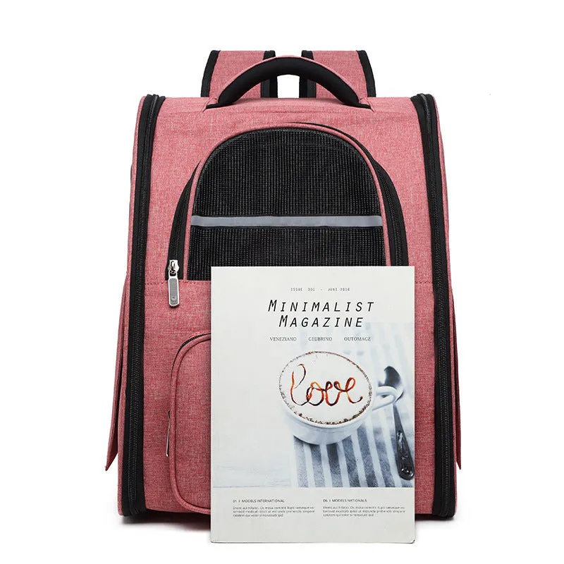 Breathable pet backpack in black, grey and pink with soft handle and vertical square shape
