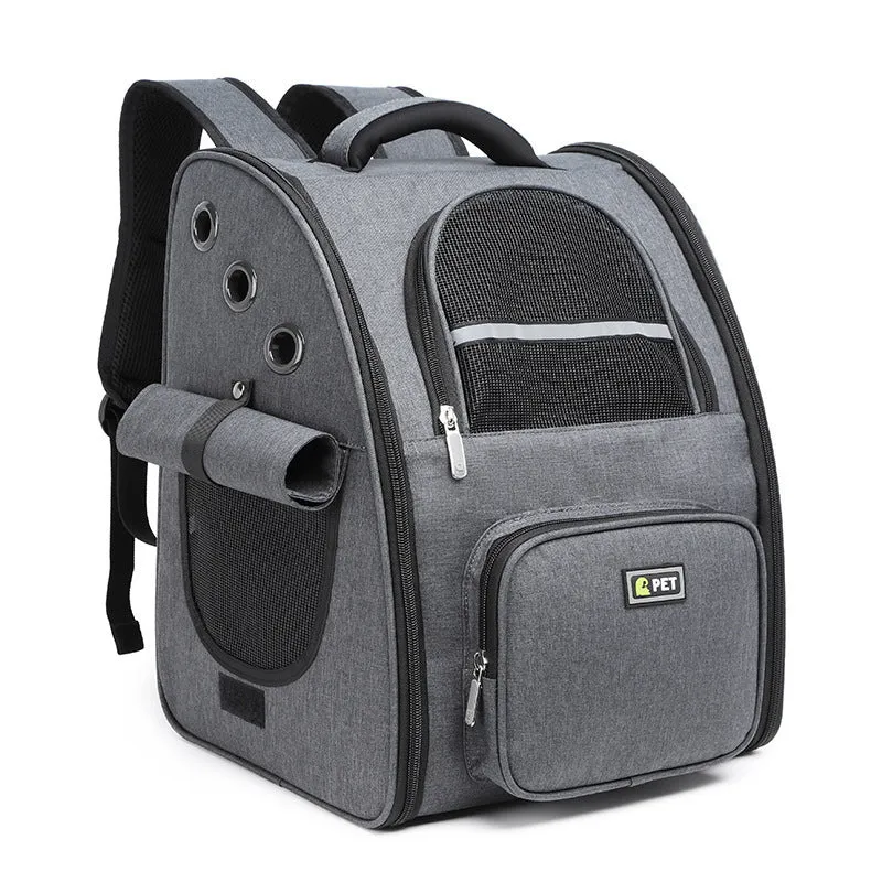 Breathable pet backpack in black, grey and pink with soft handle and vertical square shape