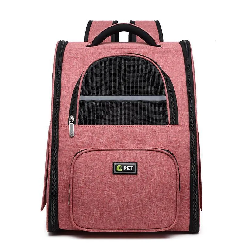 Breathable pet backpack in black, grey and pink with soft handle and vertical square shape