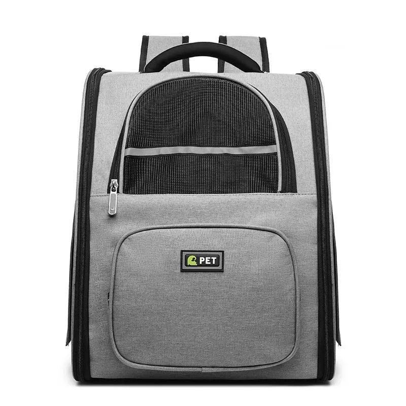 Breathable pet backpack in black, grey and pink with soft handle and vertical square shape