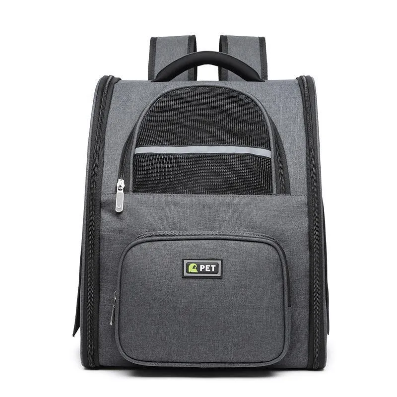 Breathable pet backpack in black, grey and pink with soft handle and vertical square shape