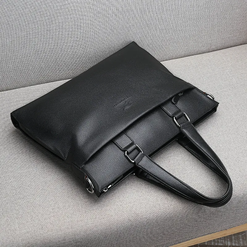 Men's business briefcase large horizontal square synthetic leather black zip closure 12-inch laptop bag