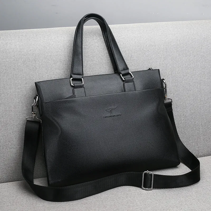 Men's business briefcase large horizontal square synthetic leather black zip closure 12-inch laptop bag